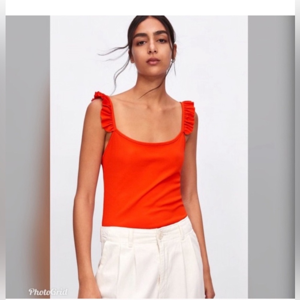 Zara Ribbed Ruffle Strap Bodysuit Size Medium In Orange-Red